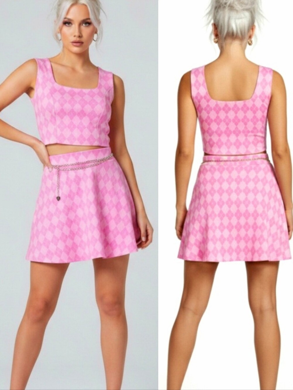 Madden NYC pink argyle square neck crop tank chain belt mini skirt set L NWT